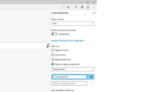 Google Pagina inicio en Edge