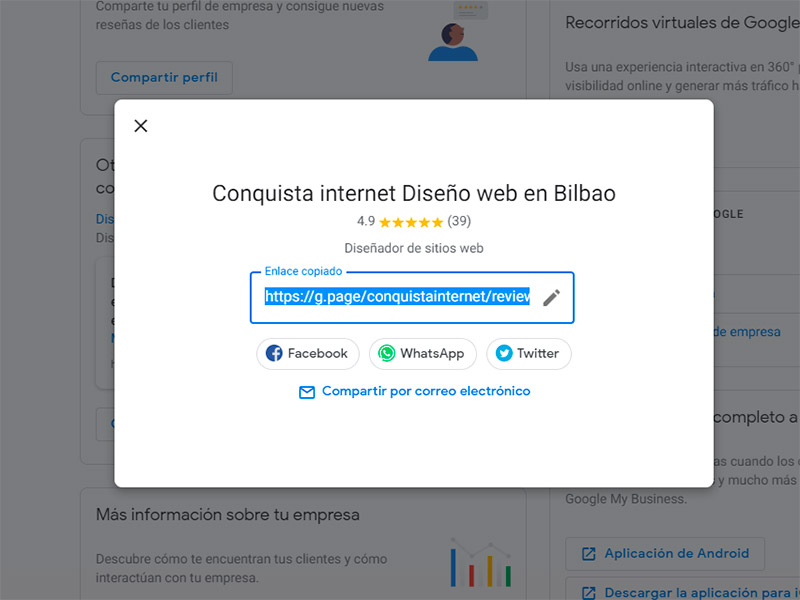 Enlace pedir reseña Google Conquista internet